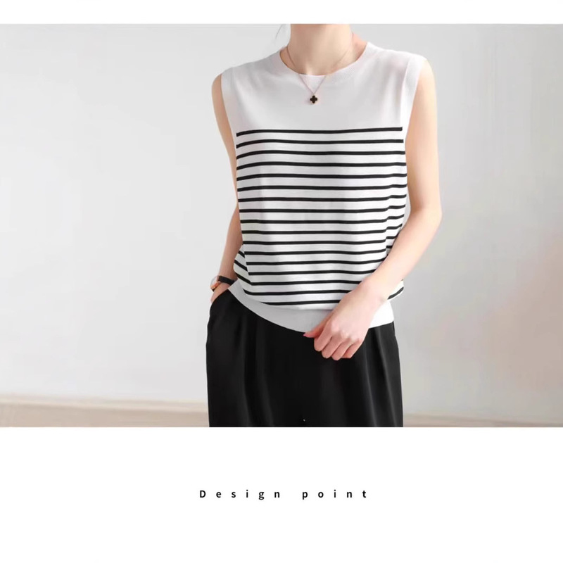 Pure Cotton Short-Sleeved Sleeveless T-Shirt Black and White Stripesd Round Neck Vest Summer Loose Thin Inner Layering Knitwear Top for Women