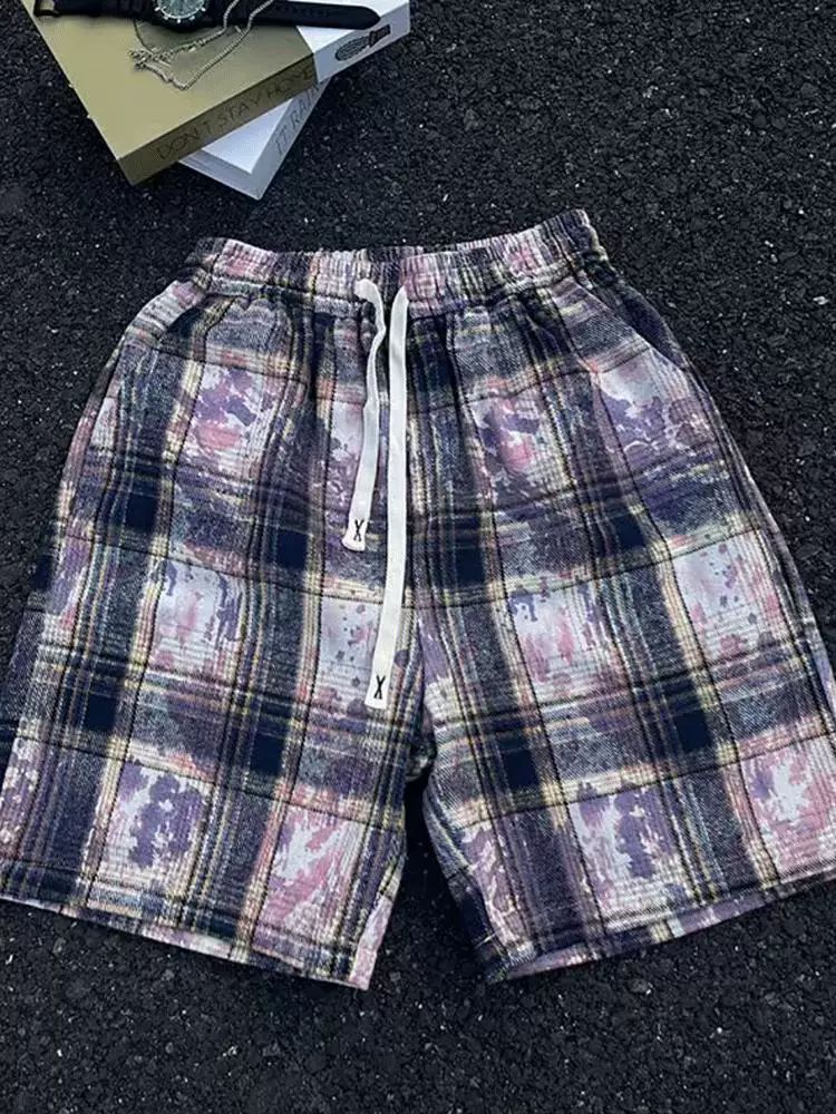 Trendy High Street Casual Retro Tie Dye Plaid Shorts Loose Fit For Men And Women Suitable For Wearing Outside And At The Beach_viptrois.com