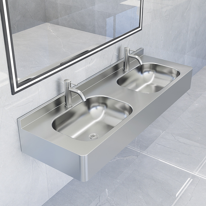 Stainless Steel Public Restroom Double Basin Wall-Mounted Sink Commercial Wall-Mounted Wash Basin