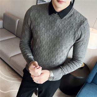 2022 Autumn and Winter New Men's Menswear British Business Casual Slim Shirt Collar Fake Two-piece Jacquard Plaid Sweater