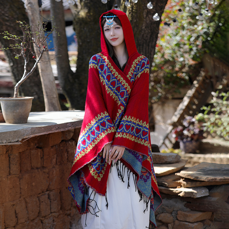 Etnische stijl rode sjaal verdikte warme omslagdoek vrouwen reizen met Yunnan Xinjiang Xizang cape capuchon mantel_voghion.com