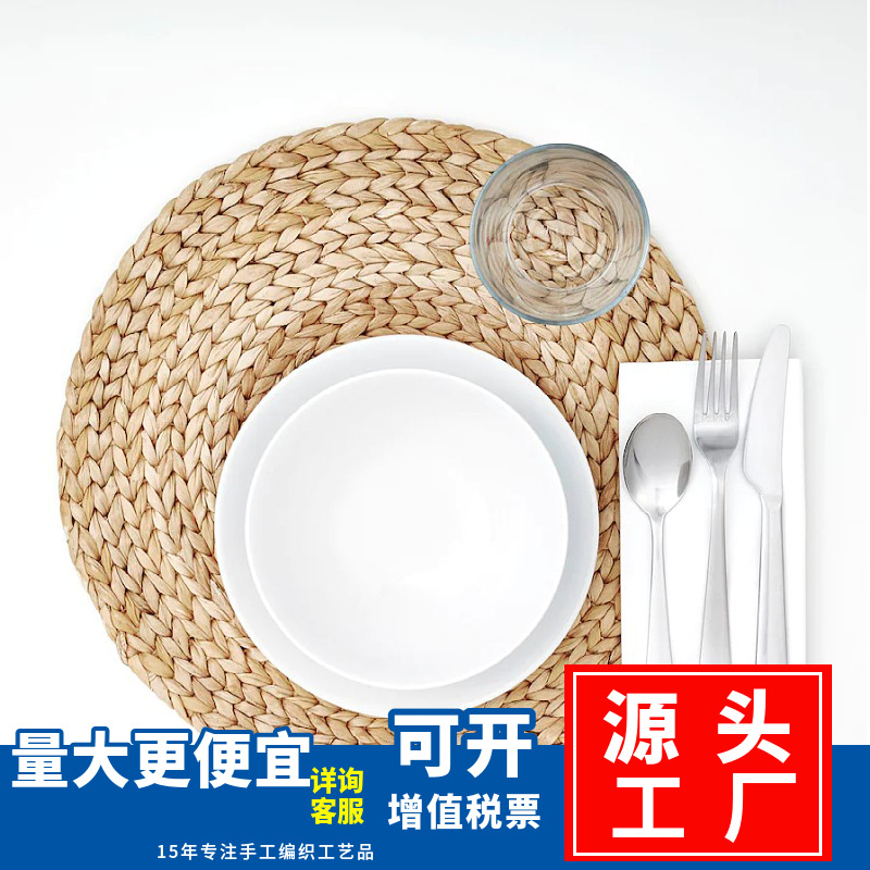 Venta al por mayor japonés mano tejida agua calabaza paja redonda mantel aislamiento posavasos mesa de comedor anti-escaldado tazón estera olla estera