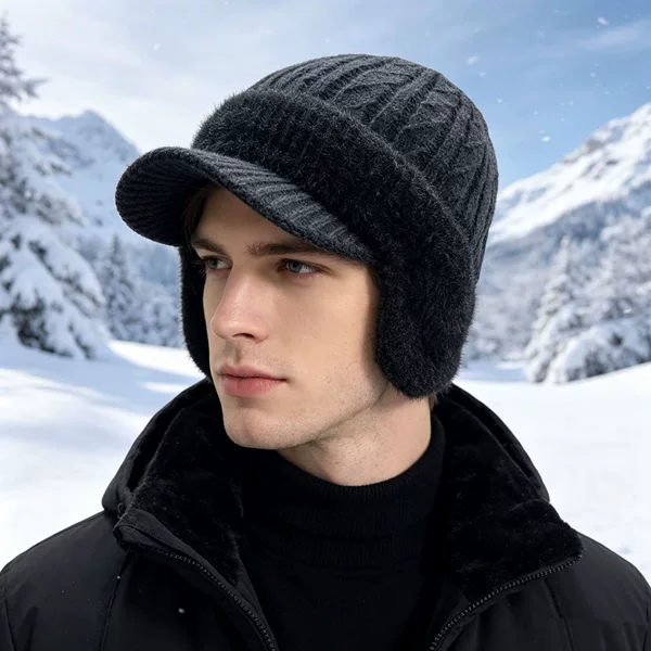 Winter Men's Hat, Thickened and Warm, Woolen Hat with Rabbit Fur and Fleece, Ear Protection, Windproof and Cold-Proof for Cycling, Knitted Headgear