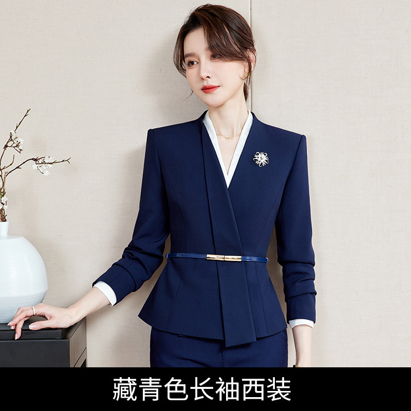 藏青色职业套装西服女OL气质医美咨询师售楼部物业前台接待工作服|undefined
