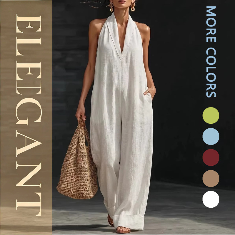 2026 New Style Halter Neck Sleeveless Jumpsuit for Women, Summer Loose Wide-Leg Vacation Style, Elegant and Stylish Solid Color Long Pants