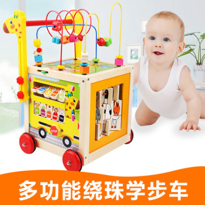 Wooden children's walker stroller baby baby walker multi-function speed-adjustable wooden educational toy car