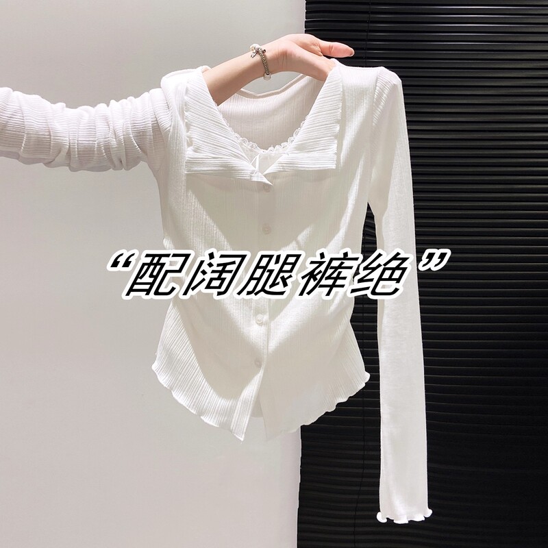 Clearance Sale ~ Authentic Cut Label Fake Two-Piece Ruffled Long Sleeve T-Shirt for Women Slim Cardigan Chic Unique Top