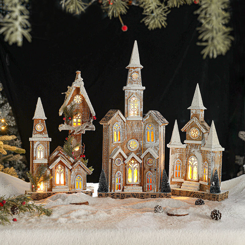 Navidad madera luminosa nieve paisaje casa de nieve decoración de cabaña europea retro madera pequeña casa de nieve