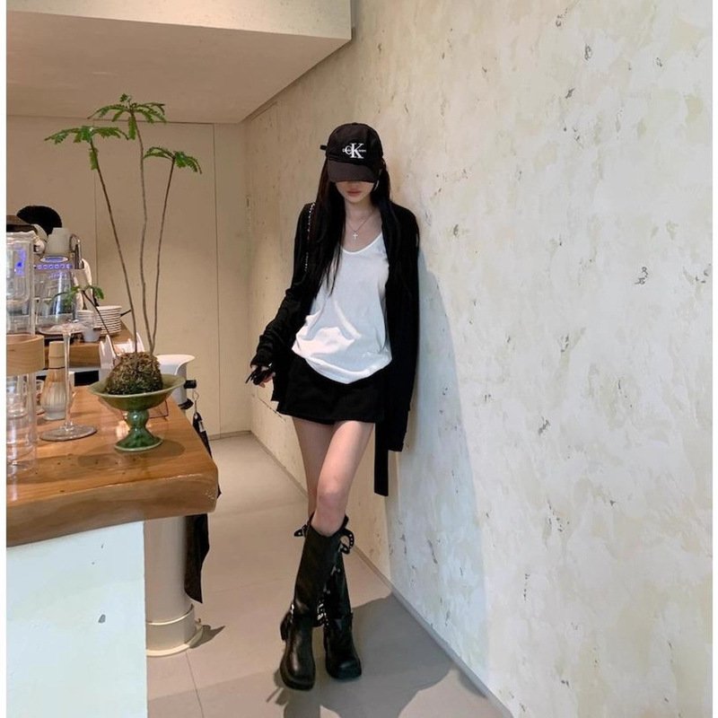 慵懒黑色长袖开衫外套吊带背心女早秋穿搭套装休闲阔腿短裤三件套|undefined