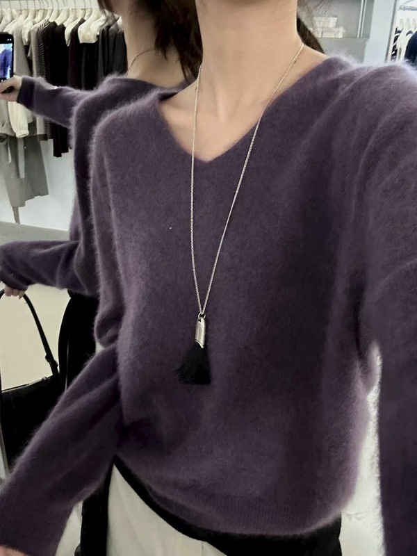 法式V领软糯山羊绒毛衣一秋季爆款95%羊毛绝美紫色针织衫女P5043|undefined