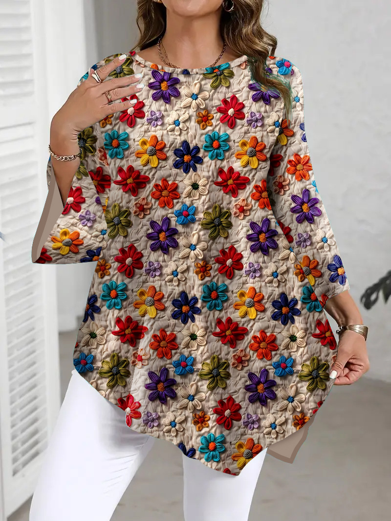 2025 Amazon verano nuevo estilo de Europa y América venta caliente Casual versátil blusa flor impresa camiseta de cuello redondo image 1