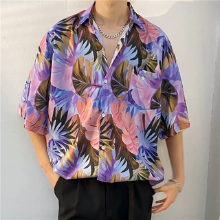 夏威夷碎花衬衫男生夏季薄款港风ins潮牌痞帅休闲潮流半袖上衣潮