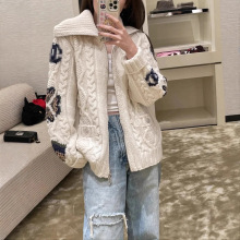 小香 2025秋冬新款提花双拉链大翻领羊毛针织开衫女休闲毛衣外套