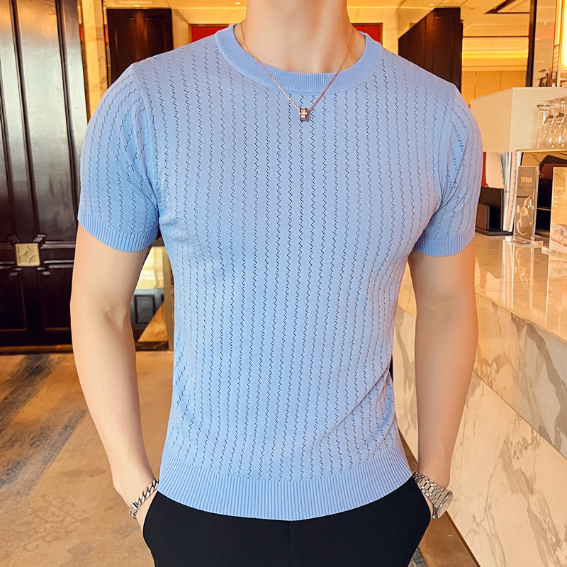 Spring and Summer Short-sleeved T-shirt Men's Ice Silk Hollow Half-sleeved Knitted Sweater Round Neck Top Thin Base Shirt Slim-fit T-shirt