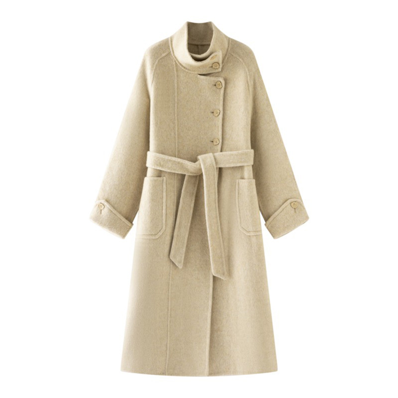 2025 New Double-Sided Cashmere Outwear for Women, High-End Stand-Up Collar Belt, Simple and Loose Woolen Outwear
