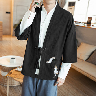 Spring and Summer Japanese Style Seven-Sleeve Crane Embroidered Kimono Cardigan Chinese Style Thin Fashionable Half-Sleeve Hanfu Taoist Gown