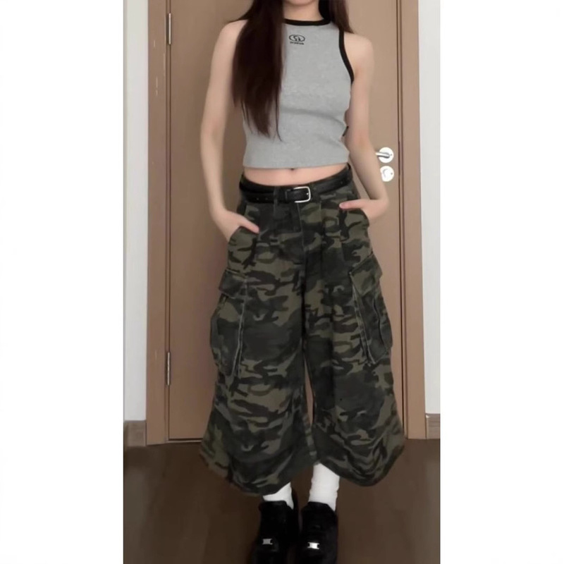 Retro Camouflage Unisex Work Pants for Women, Summer Trendy New High-Waisted Slimming Straight Loose Wide-Leg Cropped Pants