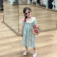 童裝女童連衣裙2024夏裝童裙蕾絲花邊領泡泡短袖藍條碎花公主裙