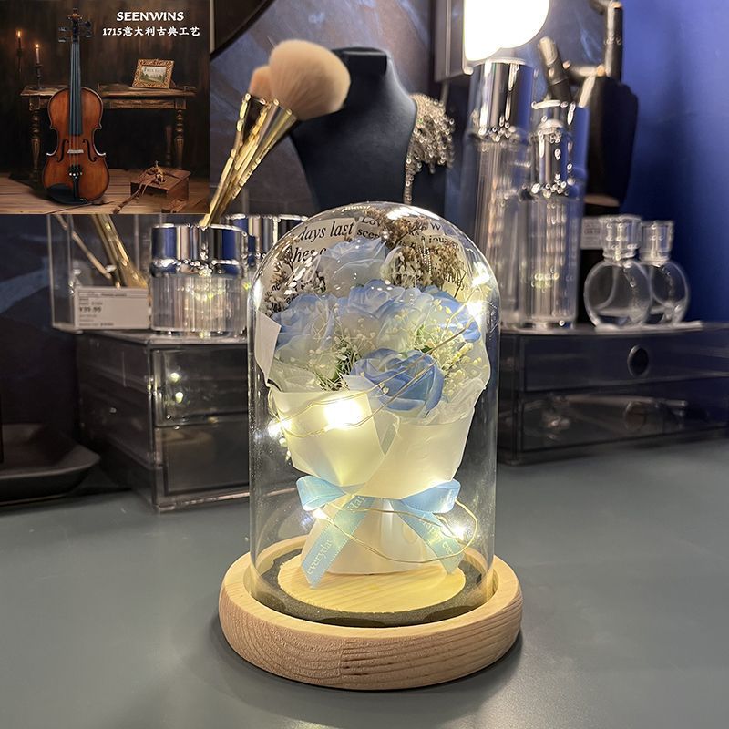 [선물] 비와 그림자 - 으깬 아이스블루 장미 5송이 - 선물가방 + 축하카드 + 배터리 [완제품 발송]