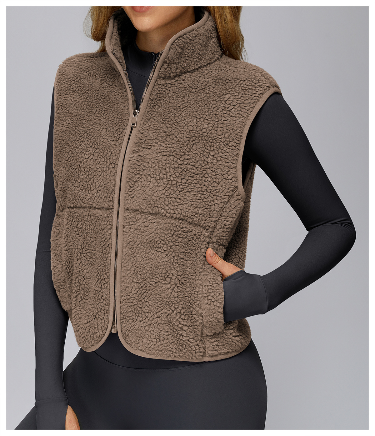 Herbst/Winter Stehkragen Fleecegefütterte ärmellose Sportweste mit Reißverschluss, Outdoor-Lauf-Fitness-Top 9500_voghion.com