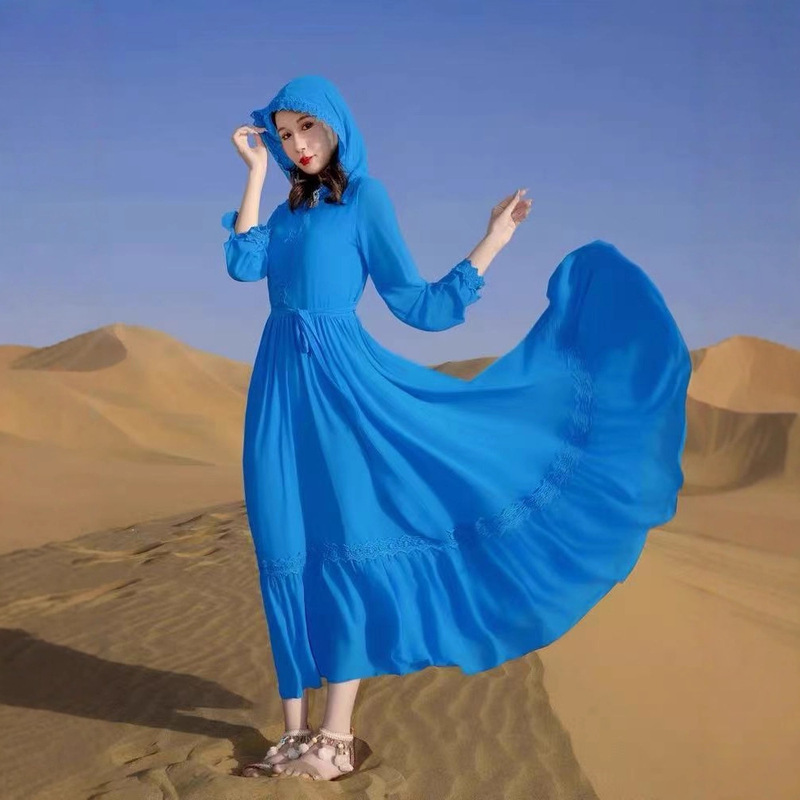 Travel Photography Long-Sleeved Long Skirt Autum New Fairy Chiffon Dress Women's Hooded Large Hem Skirt Vacation Beach Skirt Travel Photography Long-Sleeved Long Skirt Autum New Fairy Chiffon Dress Women's Hooded Large Hem Skirt Vacation Beach Skirt