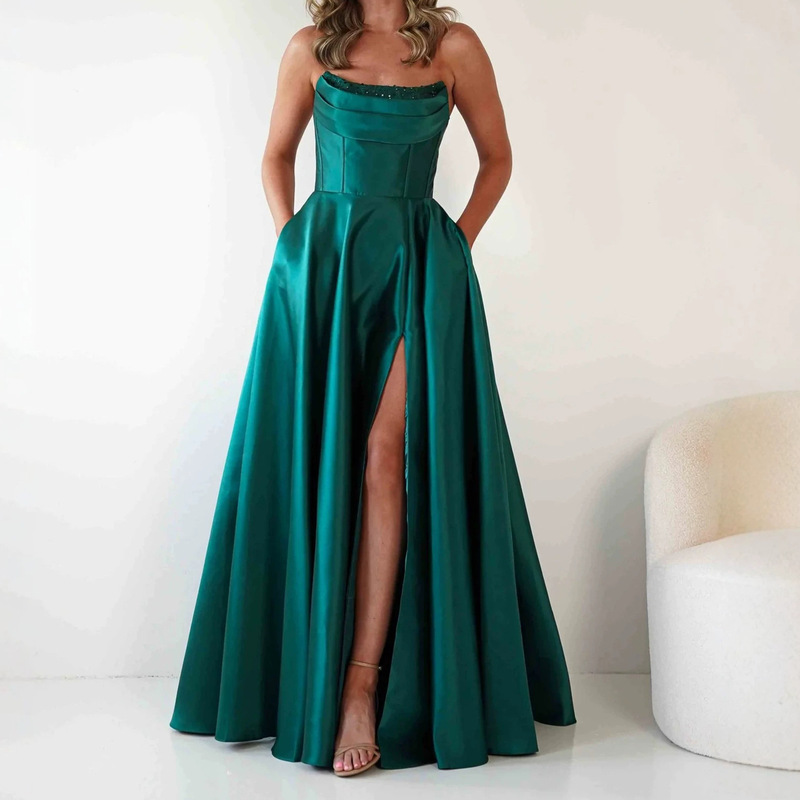 Amazon Strapless Gown Evening Dress Satin Bridesmaid Ball Gown Formal Long Dress Banquet European and American Style Dress for Women