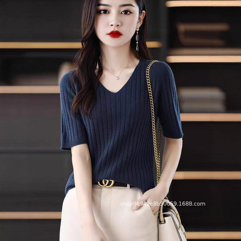 V-Neck Knitted Top for Women, Summer Thin Ice Silk Short-Sleeve Solid Color Loose Plus-Size Top, Slimming Base Half-Sleeve V-Neck Knitted Top for Women, Summer Thin Ice Silk Short-Sleeve Solid Color Loose Plus-Size Top, Slimming Base Half-Sleeve
