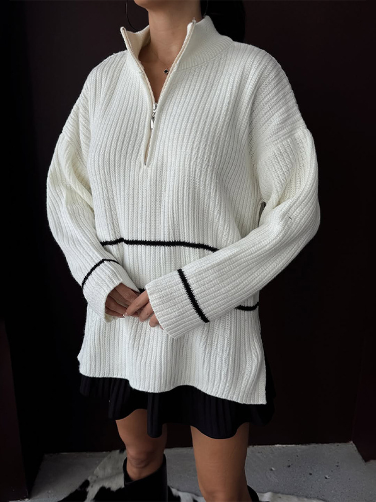 Suéter a rayas de moda con semiacremallera, suéter casual, suéter de color para mujeres 2025, nuevo estilo europeo y americano transfronterizo