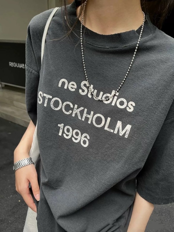 クロスボーダー高品質 Acn Stu25 春夏ダーティーウォッシュ加工文字プリント半袖Tシャツ 男女兼用|undefined