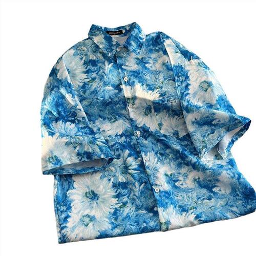 Men's Summer Vintage Floral Print Hong Kong Style Short Sleeve Button-Down Shirt Loose Thin-Fitted Top