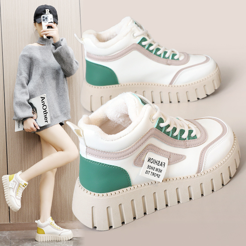 YB9030 neue 2024 Herbst und Winter High Top Schwamm Kuchen Farbe blockiert Frauen mit Plüsch dicken Sohlen Baumwolle Schuhe für_voghion.com