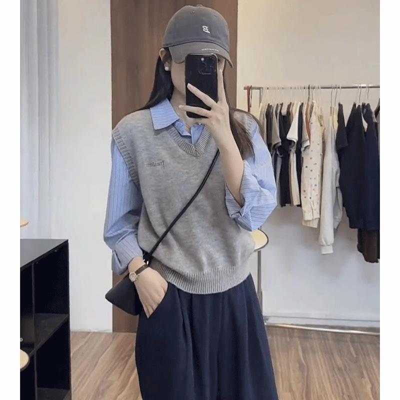 Fake Two-piece Striped Stitching Knitted Long-sleeved Shirt Women's Spring New Casual All-match College Style Stacked Top Trendy