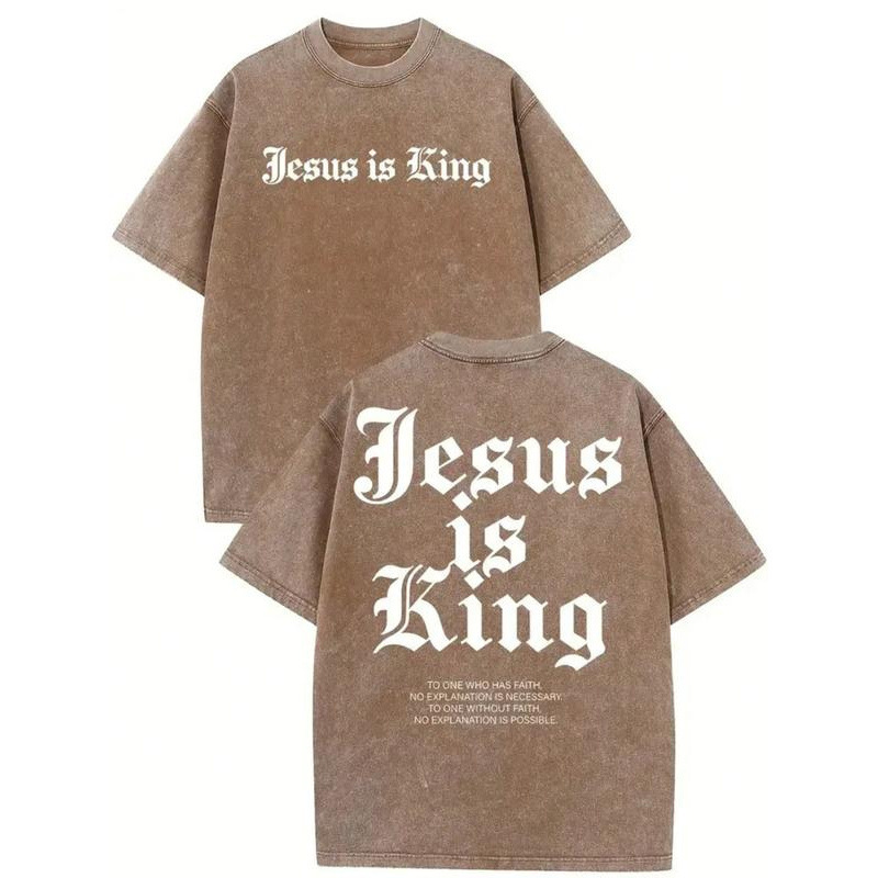 Cross-border European size, 100% cotton Jesus Is King Retro Washed Cotton T-Shirt - Men's Cross-border European size, 100% cotton Jesus Is King Retro Washed Cotton T-Shirt - Men's