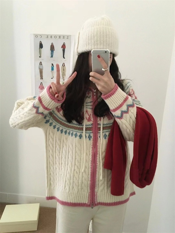 韩系复古麻花连帽费尔岛毛衣开衫女秋冬新款宽松慵懒拉链针织外套|undefined