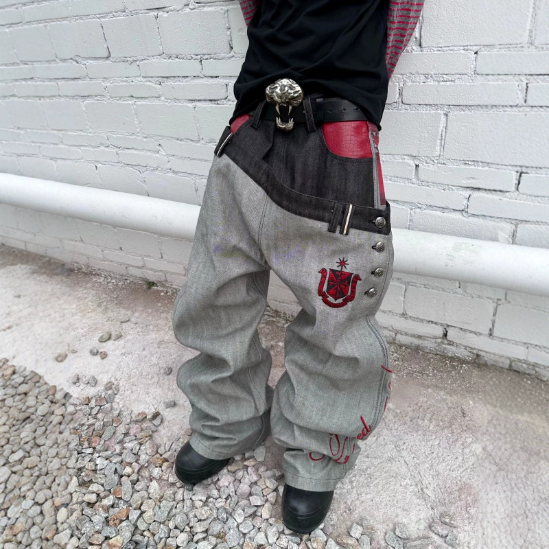 American-style niche trendy brand double-waisted raw denim embroidered jeans for men, high street style with a cool, stacked design and wide-leg design