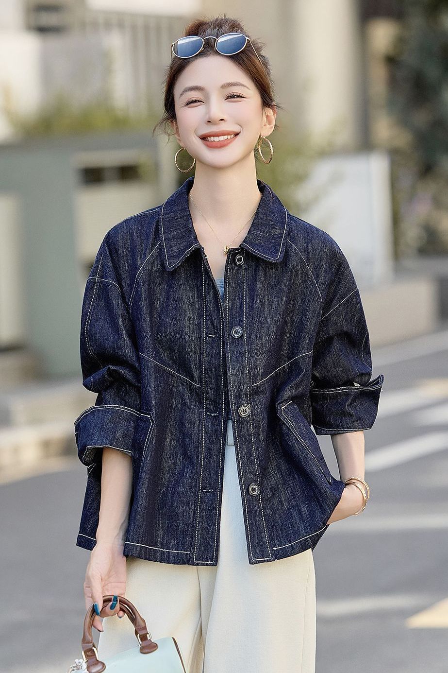 2025秋季新款复古拼接撞色明线牛仔外套女春设计感休闲百搭夹克上