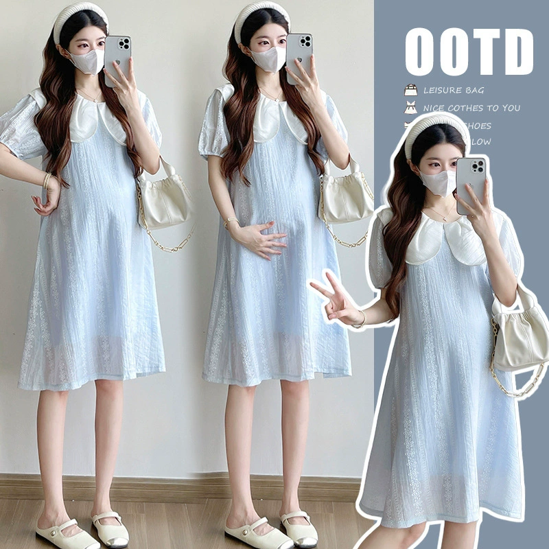 В наличии летнее платье 2025 года в корейском стиле, милое, с отложным воротником, пышными рукавами, стройнящее, из легкого тенселя, для беременных.