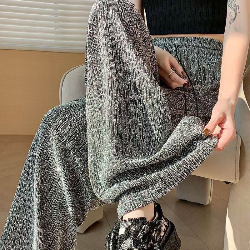 Women's 2026 Summer Thin High-Waisted Wide-Leg Pants with Rhinestones, Casual Straight-Leg Floor-Length Pants with a Draping Effect Women's 2026 Summer Thin High-Waisted Wide-Leg Pants with Rhinestones, Casual Straight-Leg Floor-Length Pants with a Draping Effect