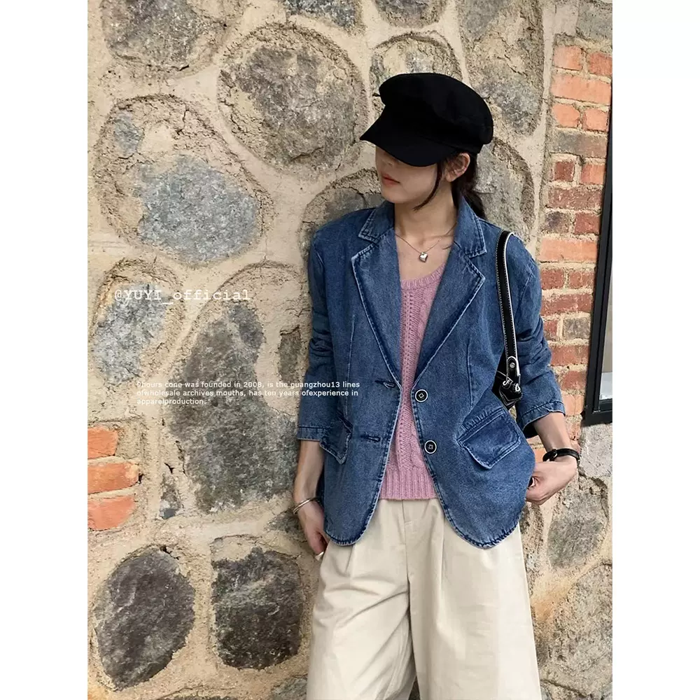 誉一新款2023初秋ins个性复古休闲牛仔外套女韩版西装翻领上衣女