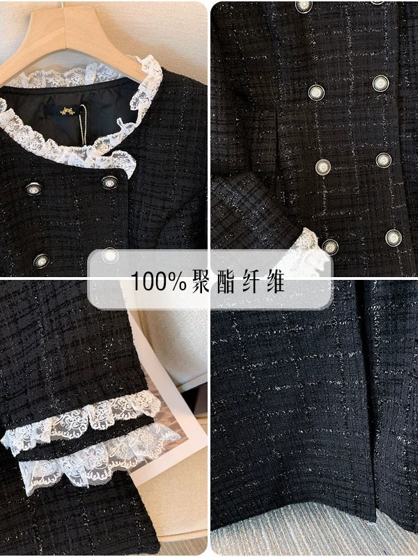 Платье миди с длинными рукавами, твид в стиле Chanel, размеры плюс 120–300 jin, черное