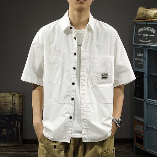 Workwear Casual Cropped Short-Sleeve Shirt for Men | Summer Japanese-Style Top | Thin Jacket | Trendy Brand Shirt