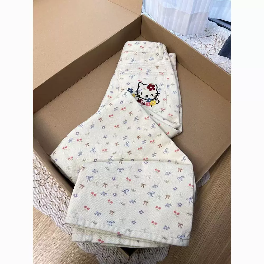 米白色kitty卡通猫碎花牛仔裤女秋季设计感直筒高腰阔腿梧桐裤子