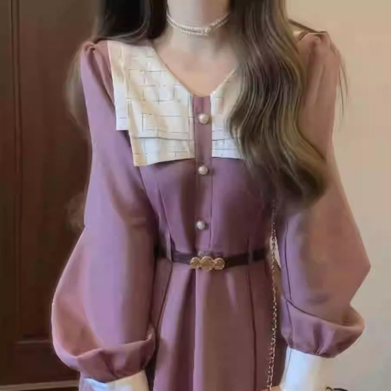 法式茶歇绝美长裙今年流行紫色连衣裙女秋冬收腰气质赫本风A字裙|undefined
