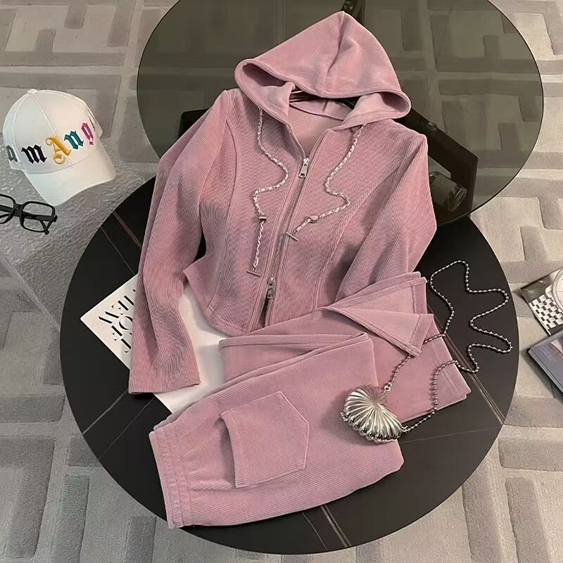 Casual Sports Suit for Women Spring and Autum New Loose Short Hooded Top Drapey Slit Wide Leg Pants Two-Piece Set