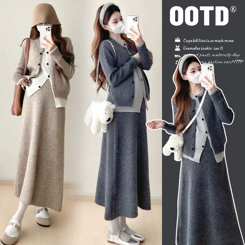 Одежда для беременных осенью и зимой 2024 новая мода иностранная беременная мама осенью носить трикотажную юбку из двух частей