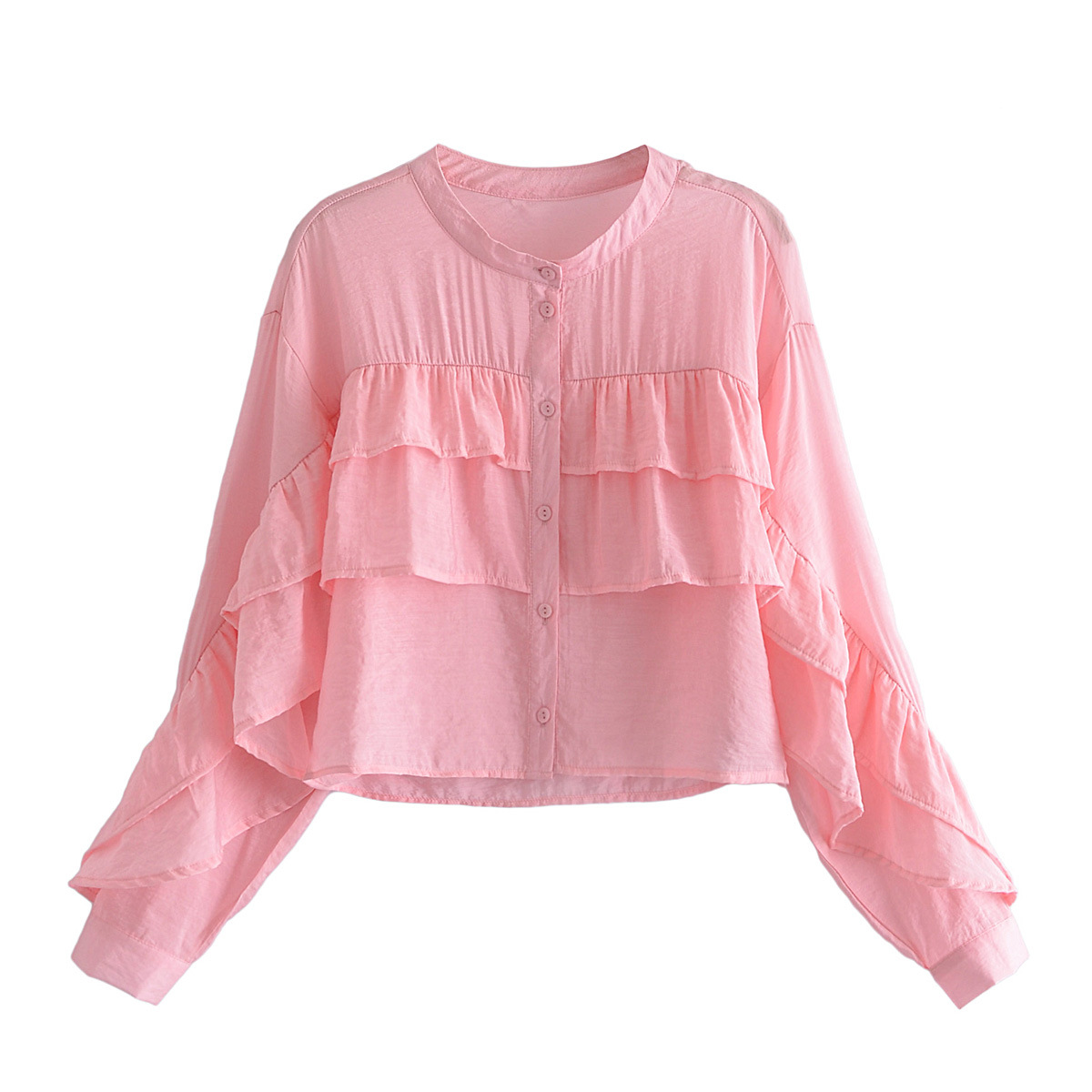 camisa a capas rosa con cuello en v de manga larga de primavera NSXFL118375