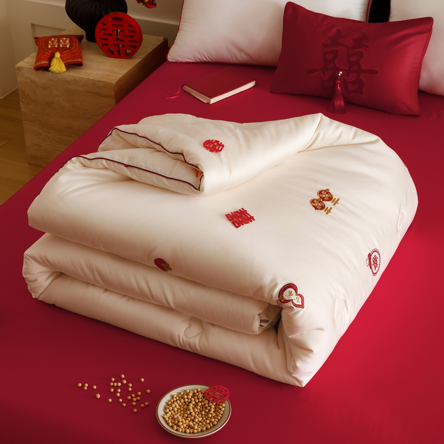 Fulai Perfect Satin Soybean Antibacterial Wedding Spring and Autumn Quilt Warm Thickened Winter Quilt Wedding Double Embroidered Quilt Core