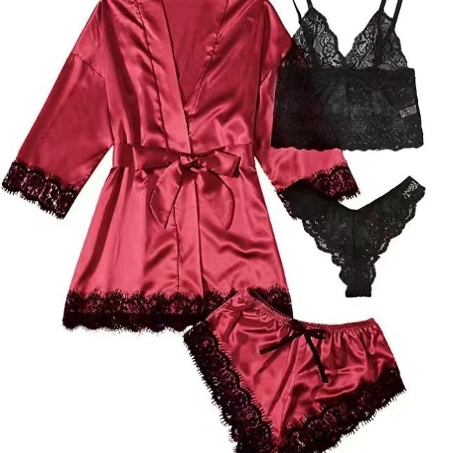 新しい欧米の女性の家の服のパジャマの4つのセットのレースのサテンのガーターの女性の夏のセットのパジャマのショートパンツの卸売り|undefined