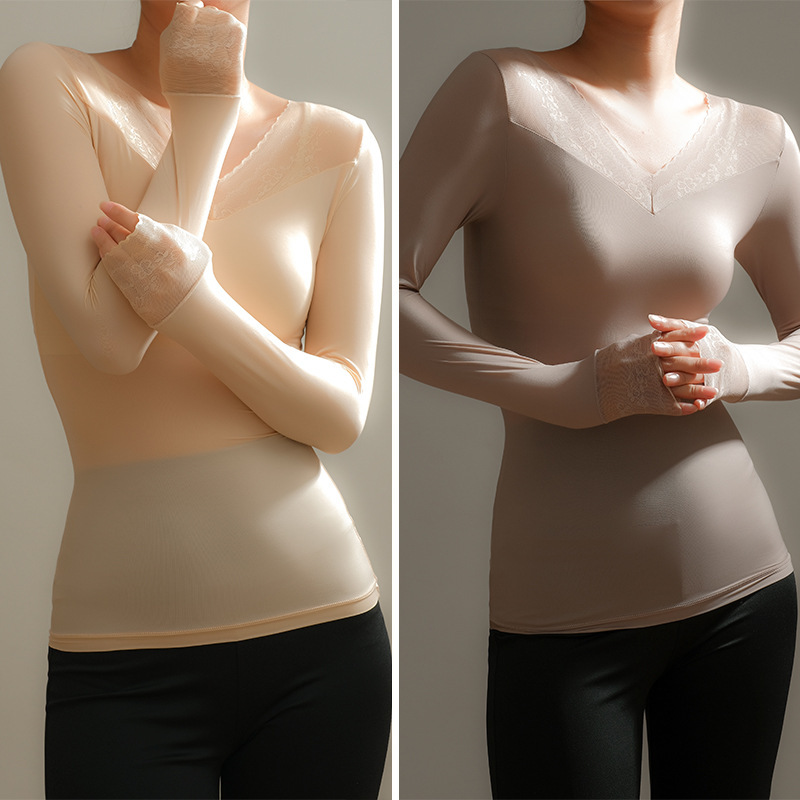 Hyaluronic Acid Skin-beautifying Goddess Clothing Seamless Body-Fit Warm-keeping Slim-fit High-elastic Muscle Bottom V-neck Lace Edge Base Shirt for Women Hyaluronic Acid Skin-beautifying Goddess Clothing Seamless Body-Fit Warm-keeping Slim-fit High-elastic Muscle Bottom V-neck Lace Edge Base Shirt for Women