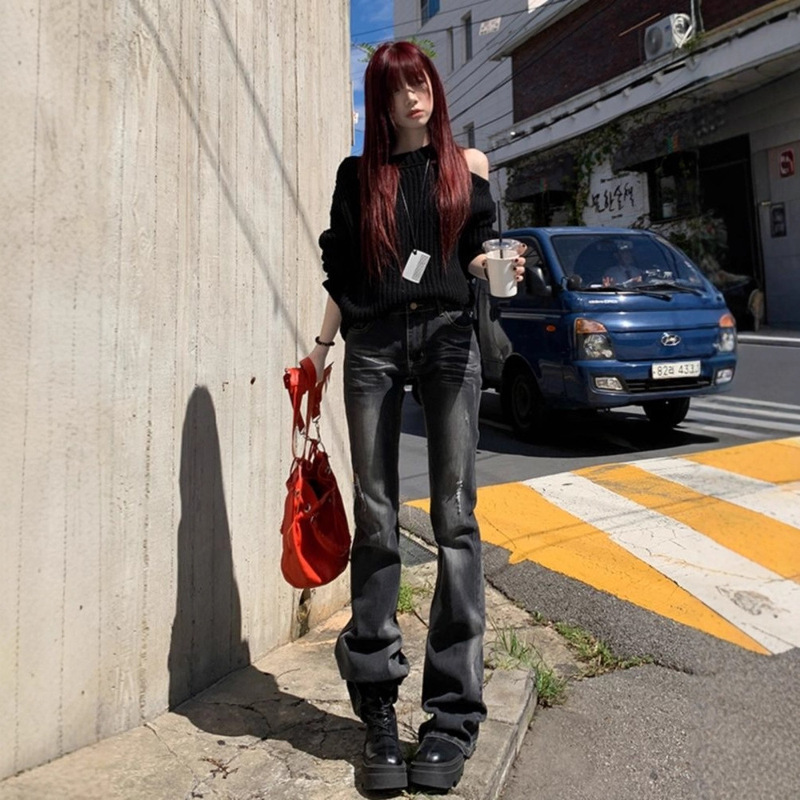 American-Style Skinny Flared Jeans for Women, Light Yabi Culture, Low-Waist, Black, Stretchy, Ripped, Bootcut Pants